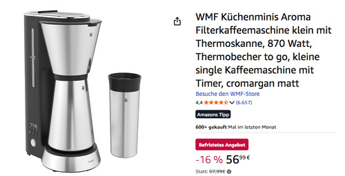 WMF Küchenminis 0,65l Aroma Filterkaffeemaschine mit Thermobecher to go, Edelstahl-Thermoskanne WMF Küchenminis 0,65l Aroma Filterkaffeemaschine mit Thermobecher to go, Edelstahl-Thermoskanne