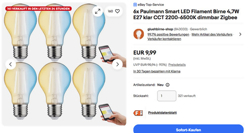 6x Paulmann Smart LED Filament Birne 4,7W E27 klar Set 6x Paulmann Smart LED Filament Birne 4,7W E27 klar Set