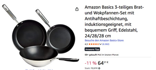 Amazon Basics 3-tlg. 24/28/28 cm Brat- und Wokpfannen-Set Amazon Basics 3-tlg. 24/28/28 cm Brat- und Wokpfannen-Set