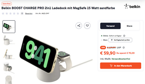 Belkin BOOST CHARGE PRO 2in1 Ladedock mit MagSafe 15 Watt sandfarbe Belkin BOOST CHARGE PRO 2in1 Ladedock mit MagSafe 15 Watt sandfarbe