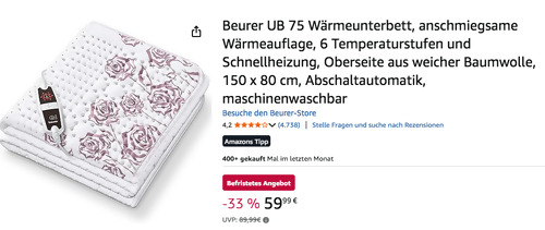 Beurer UB 75 150 x 80 cm Wärmeunterbett mit 6 Temperaturstufen und Schnellheizung Beurer UB 75 150 x 80 cm Wärmeunterbett mit 6 Temperaturstufen und Schnellheizung