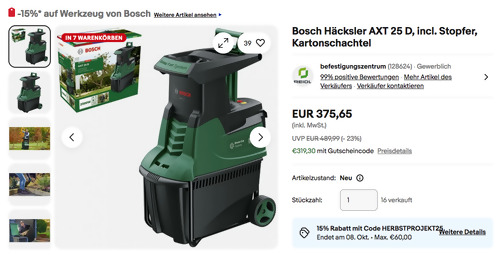 Bosch Häcksler AXT 25 D incl. Stopfer, 2.500-Watt-Hochleistungs-Induktionsmotor Bosch Häcksler AXT 25 D incl. Stopfer, 2.500-Watt-Hochleistungs-Induktionsmotor