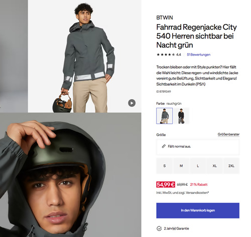 BTWIN Fahrrad Regenjacke City 540 Herren in Rauchgrün, S - 2 XL BTWIN Fahrrad Regenjacke City 540 Herren in Rauchgrün, S - 2 XL