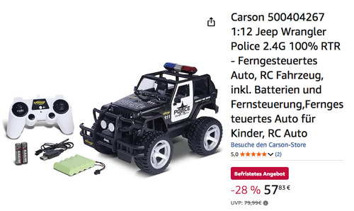 Carson 500404267 1:12 Jeep Wrangler Police 2.4G RC Off-Road Fahrzeug Carson 500404267 1:12 Jeep Wrangler Police 2.4G RC Off-Road Fahrzeug