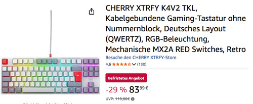 CHERRY XTRFY K4V2 TKL Gaming-Tastatur in Retro (RGB-Beleuchtung, Mechanische MX2A RED Switches) CHERRY XTRFY K4V2 TKL Gaming-Tastatur in Retro (RGB-Beleuchtung, Mechanische MX2A RED Switches)