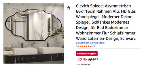 Clevich 66x116cm Spiegel Asymmetrisch in Schwarz Clevich 66x116cm Spiegel Asymmetrisch in Schwarz