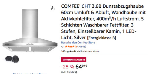 Comfee' CHT 3.6B Dunstabzugshaube 60 cm in Edelstahl Silber (Umluft & Abluft,, Comfee' CHT 3.6B Dunstabzugshaube 60 cm in Edelstahl Silber (Umluft & Abluft,,
