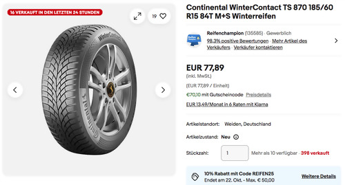 Continental WinterContact TS 870 185/60 R15 84T M+S Winterreifen Continental WinterContact TS 870 185/60 R15 84T M+S Winterreifen