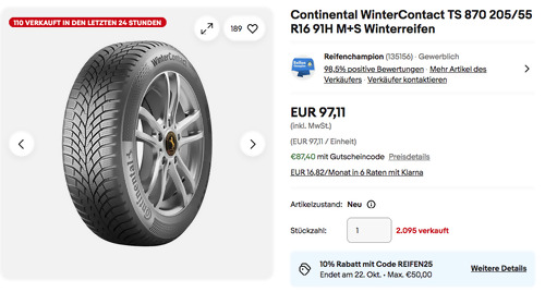 Continental WinterContact TS 870 205/55 R16 91H M+S Winterreifen Continental WinterContact TS 870 205/55 R16 91H M+S Winterreifen