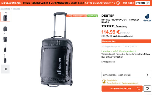 Deuter Duffel Pro Movo 36 - Trolley in Black Deuter Duffel Pro Movo 36 - Trolley in Black