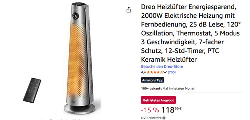 Dreo DR-HSH008 Heizlüfter in Silber (2000W, Keramikheizer, 120° Oszillation, 5 Heizstufen) Dreo DR-HSH008 Heizlüfter in Silber (2000W, Keramikheizer, 120° Oszillation, 5 Heizstufen)