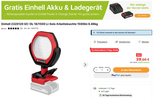 Einhell 2320120 GC-OL 18/1500 Li-Solo Arbeitsleuchte inkl. Einhell PXC-Starter-Kit 18V 2,5 Ah PXC Starter Kit Einhell 2320120 GC-OL 18/1500 Li-Solo Arbeitsleuchte inkl. Einhell PXC-Starter-Kit 18V 2,5 Ah PXC Starter Kit