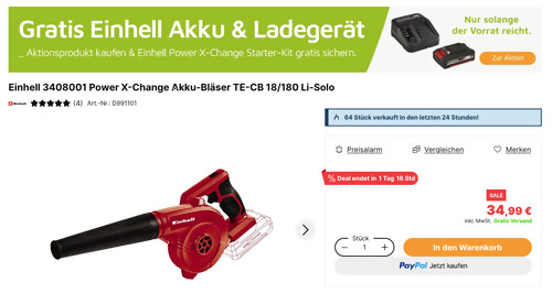Einhell 3408001 Power X-Change Akku-Bläser TE-CB 18/180 Li-Solo inkl. Einhell PXC-Starter-Kit 18V 2,5 Ah Einhell 3408001 Power X-Change Akku-Bläser TE-CB 18/180 Li-Solo inkl. Einhell PXC-Starter-Kit 18V 2,5 Ah