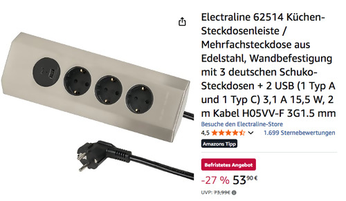 Electraline 62514 Küchen-Steckdosenleiste (Edelstahl, 3 Schuko, 2 USB) Electraline 62514 Küchen-Steckdosenleiste (Edelstahl, 3 Schuko, 2 USB)