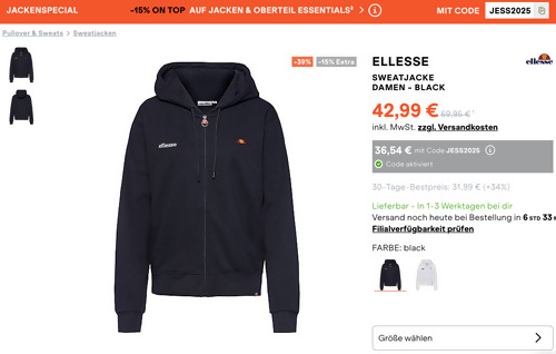 Ellesse Damen Sweatjacke in Black, XS - XL Ellesse Damen Sweatjacke in Black, XS - XL