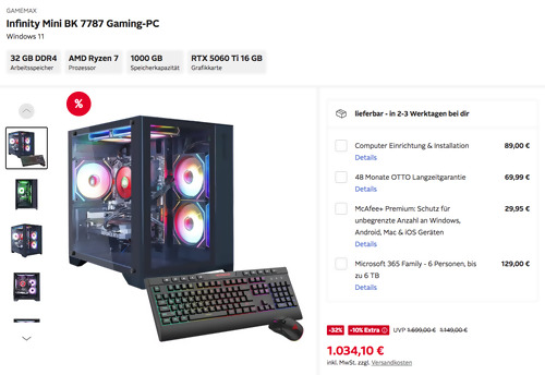 GAMEMAX Infinity Mini BK 7787 Gaming-PC (AMD Ryzen 7, 32 GB DDR4, 1000 GB SSD, RTX 5060 Ti 16 GB) GAMEMAX Infinity Mini BK 7787 Gaming-PC (AMD Ryzen 7, 32 GB DDR4, 1000 GB SSD, RTX 5060 Ti 16 GB)