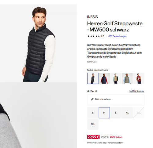 INESIS Herren Golf Steppweste MW500, versch. Farben INESIS Herren Golf Steppweste MW500, versch. Farben