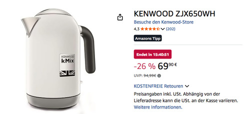KENWOOD ZJX650WH 1 Liter Wasserkocher in Weiß