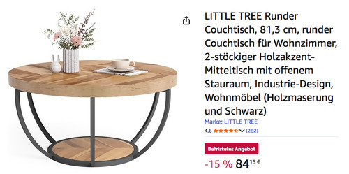 LITTLE TREE NY036 Runder Couchtisch, 80T x 80,5B x 44H cm LITTLE TREE NY036 Runder Couchtisch, 80T x 80,5B x 44H cm
