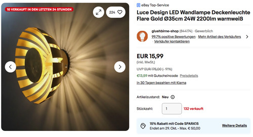 Luce Design LED Wandlampe Deckenleuchte Flare Gold (Ø35cm, 24W) Luce Design LED Wandlampe Deckenleuchte Flare Gold (Ø35cm, 24W)