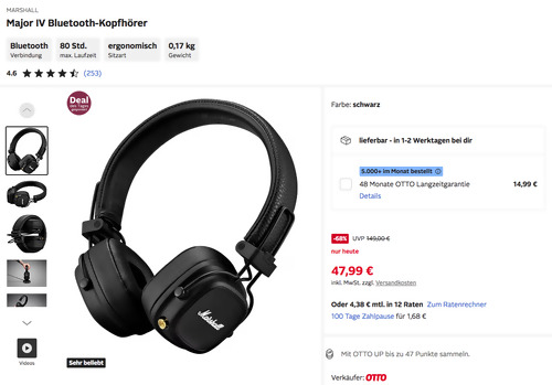 MARSHALL Major IV Bluetooth-Kopfhörer in Schwarz MARSHALL Major IV Bluetooth-Kopfhörer in Schwarz