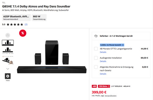 Otto.de - 15% Rabatt auf ausgewählte TVs und Soundbars: z.B. TCL Q85HE 7.1.4 Dolby Atmos und Ray Danz Soundbar Otto.de - 15% Rabatt auf ausgewählte TVs und Soundbars: z.B. TCL Q85HE 7.1.4 Dolby Atmos und Ray Danz Soundbar