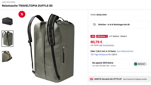 Otto.de - 20% Rabatt auf ausgewählte Jack Wolfskin Styles: z.B. JACK WOLFSKIN Reisetasche TRAVELTOPIA DUFFLE 85 in Dusty-Olive Otto.de - 20% Rabatt auf ausgewählte Jack Wolfskin Styles: z.B. JACK WOLFSKIN Reisetasche TRAVELTOPIA DUFFLE 85 in Dusty-Olive