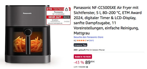 Panasonic NF-CC500SXE Air Fryer mit Sichtfenster (5 Liter, 11 Menüs) Panasonic NF-CC500SXE Air Fryer mit Sichtfenster (5 Liter, 11 Menüs)