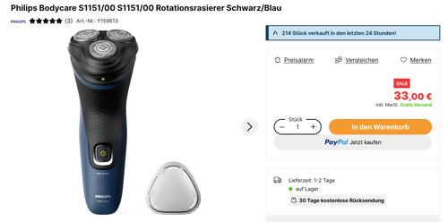 Philips Bodycare S1151/00 Rotationsrasierer in Schwarz/Blau Philips Bodycare S1151/00 Rotationsrasierer in Schwarz/Blau