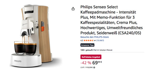 Philips CSA240/05 Senseo Select Kaffeepadmaschine in Seidenweiß Philips CSA240/05 Senseo Select Kaffeepadmaschine in Seidenweiß