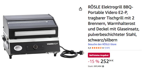RÖSLE Elektrogrill BBQ-Portable Videro E2-P (bis 300 °C, 2.800 W) RÖSLE Elektrogrill BBQ-Portable Videro E2-P (bis 300 °C, 2.800 W)