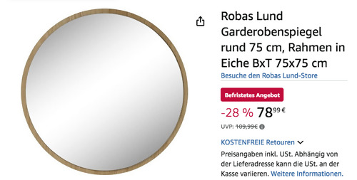 Robas Lund Garderobenspiegel 75 cm Garderobenspiegel rund Robas Lund Garderobenspiegel 75 cm Garderobenspiegel rund