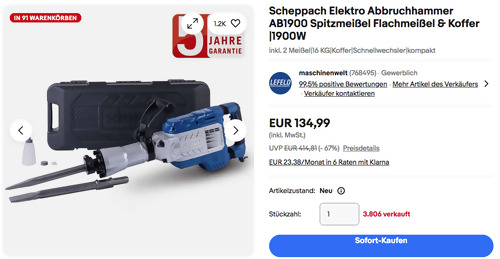 Scheppach AB1900 Elektro Abbruchhammer (1900 W, 60 J Schlagkraft, inkl. 2 Meißel) Scheppach AB1900 Elektro Abbruchhammer (1900 W, 60 J Schlagkraft, inkl. 2 Meißel)