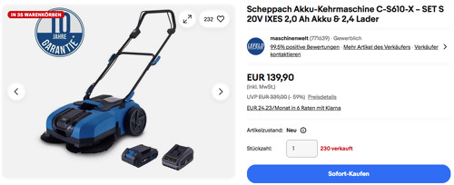 Scheppach Akku-Kehrmaschine C-S610-X SET S ( 20 V, 2,0 Ah Akku, Ladegerät) Scheppach Akku-Kehrmaschine C-S610-X SET S ( 20 V, 2,0 Ah Akku, Ladegerät)