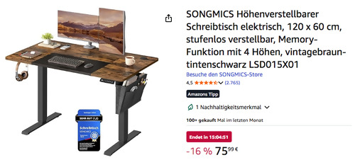 SONGMICS LSD015X01 120 x 60 cm Höhenverstellbarer Schreibtisch elektrisch in Vintagebraun SONGMICS LSD015X01 120 x 60 cm Höhenverstellbarer Schreibtisch elektrisch in Vintagebraun