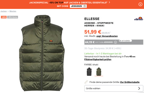 SportScheck.com - 15% Rabatt auf ausgewählte Jacken & Oberteile: z.B. Ellesse Asseind Herren Steppweste in Khaki, S - XXL SportScheck.com - 15% Rabatt auf ausgewählte Jacken & Oberteile: z.B. Ellesse Asseind Herren Steppweste in Khaki, S - XXL