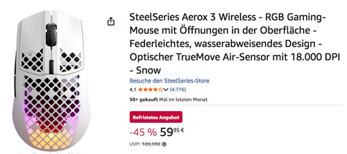 SteelSeries Aerox 3 Wireless - RGB Gaming-Mouse in Snow SteelSeries Aerox 3 Wireless - RGB Gaming-Mouse in Snow