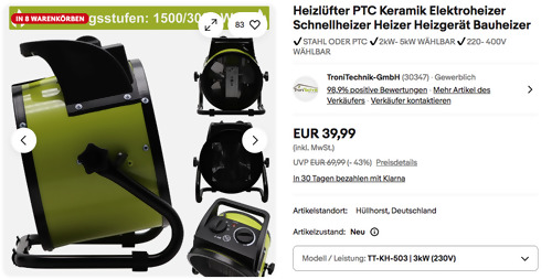Tronitechnik TT-KH-503 PTC Keramik Elektroheizer Tronitechnik TT-KH-503 PTC Keramik Elektroheizer
