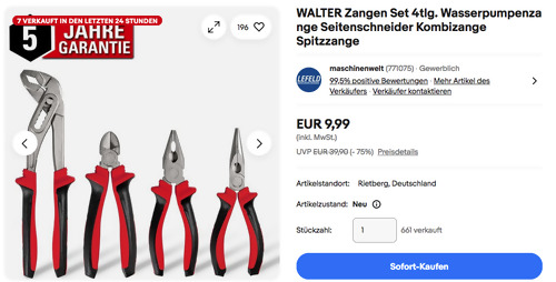 WALTER 613280 4tlg. Zangen Set - Wasserpumpenzange, Seitenschneider, Kombizange, Spitzzange WALTER 613280 4tlg. Zangen Set - Wasserpumpenzange, Seitenschneider, Kombizange, Spitzzange