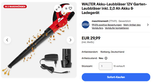 WALTER 630065 Akku-Laubbläser 12V inkl. 2,0 Ah Akku & Ladegerät WALTER 630065 Akku-Laubbläser 12V inkl. 2,0 Ah Akku & Ladegerät