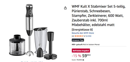 WMF Kult X 5-tlg. Stabmixer-Set (600 Watt, Cromargan Edelstahl) WMF Kult X 5-tlg. Stabmixer-Set (600 Watt, Cromargan Edelstahl)