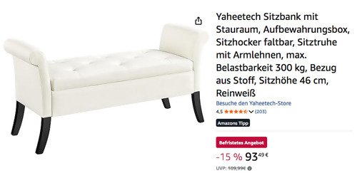 Yaheetech 131 x 43.5 x 64.5 cm Sitzbank mit Stauraum in Reinweiß Yaheetech 131 x 43.5 x 64.5 cm Sitzbank mit Stauraum in Reinweiß