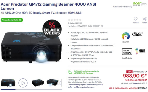 Acer Predator GM712 Gaming Beamer, 4000 ANSI Lumen