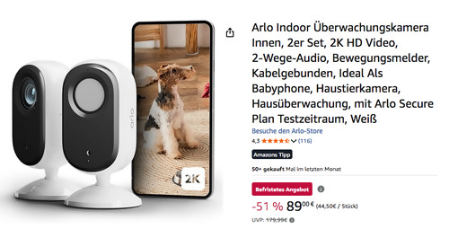 Arlo Essential Indoor 2K Überwachungskamera 2er Set