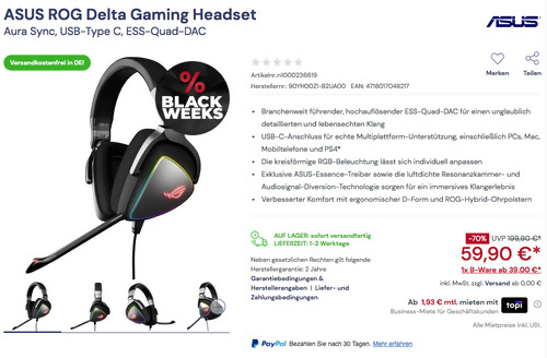 ASUS ROG Delta Gaming Headset in Schwarz