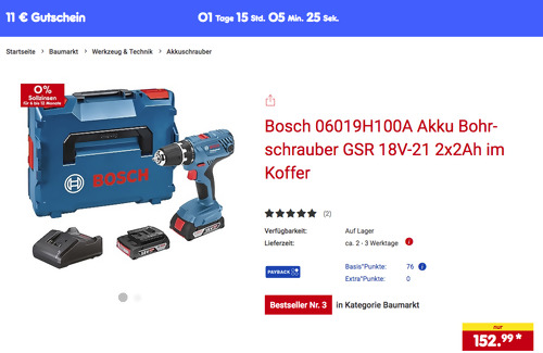Bosch 06019H100A Akku Bohrschrauber GSR 18V-21 inkl. 2x2Ah im Koffer Bosch 06019H100A Akku Bohrschrauber GSR 18V-21 inkl. 2x2Ah im Koffer