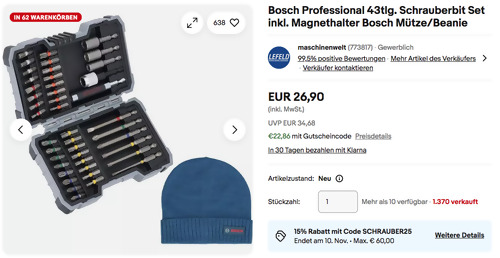 Bosch Professional 43tlg. Schrauberbit Set inkl. Magnethalter und Bosch Mütze/Beanie Bosch Professional 43tlg. Schrauberbit Set inkl. Magnethalter und Bosch Mütze/Beanie