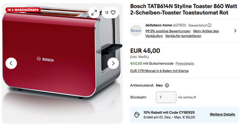Bosch TAT8614N Styline Toaster in Rot