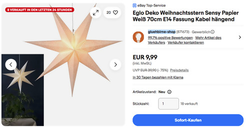 Eglo 70cm Papier Weiß Weihnachtsstern Sensy, E14