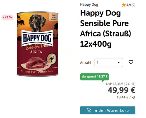 Happy Dog Sensible Pure Africa (Strauß) 12x400g Nassnahrung